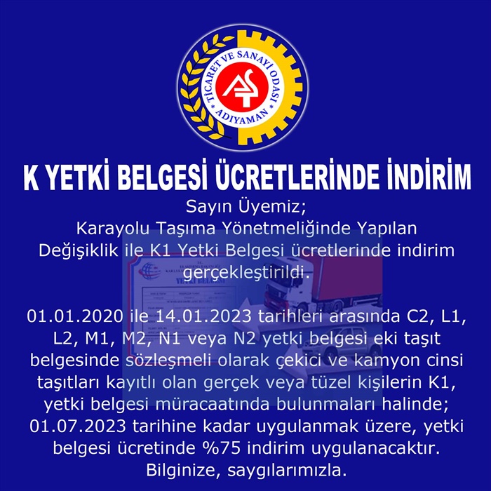 K1 Yetki Belgesi Ücretlerinde İndirim