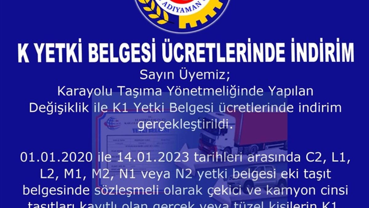 K1 Yetki Belgesi Ücretlerinde İndirim